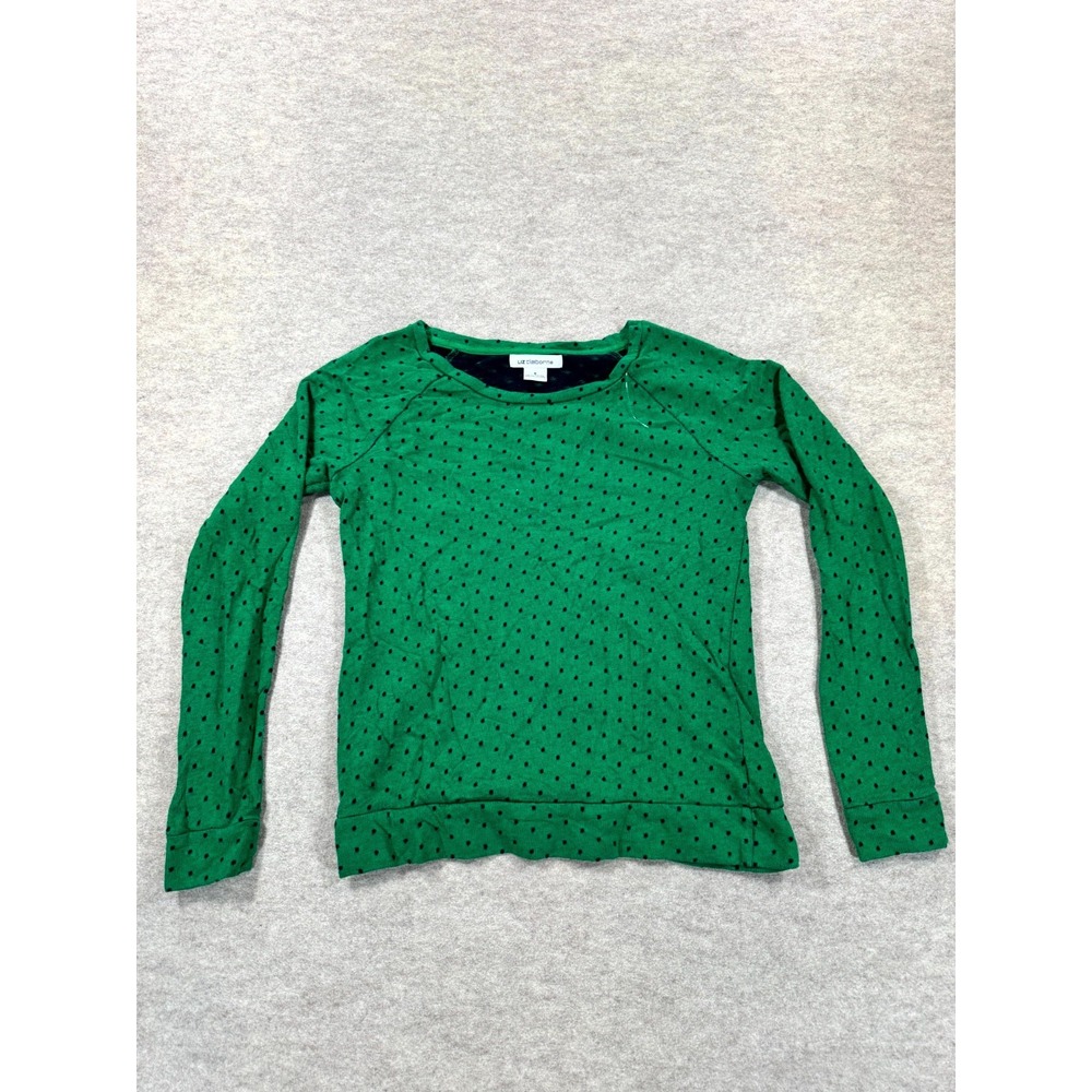 Liz Claiborne Top Womens Small Green Black Polka Dot Cotton Knit Raglan Sleeve